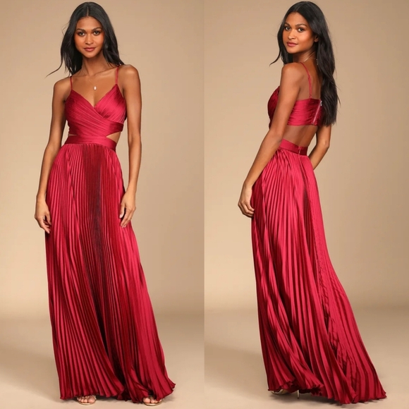 Lulus Got the Glam Wine Red Pleated Cutout Maxi Dress M Wedding Party Prom - Picture 1 of 10